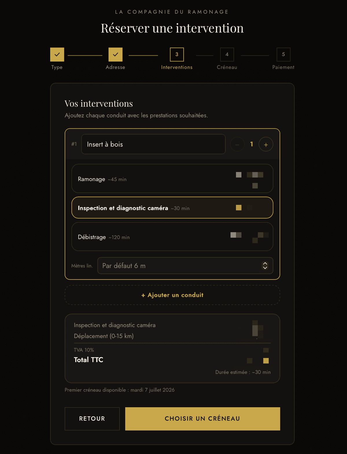 Interface de réservation en ligne de La Compagnie du Ramonage